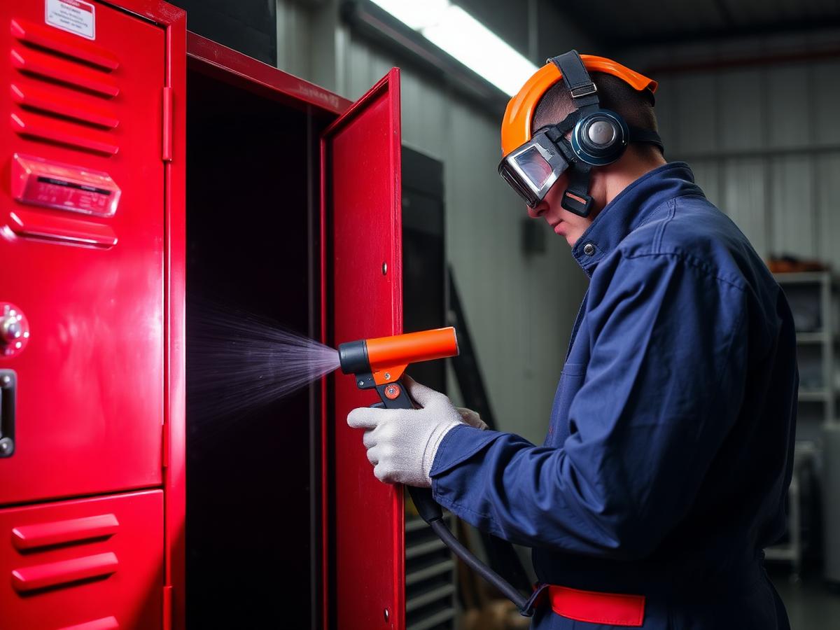 Technician electrostatically refinishing a red metal locker