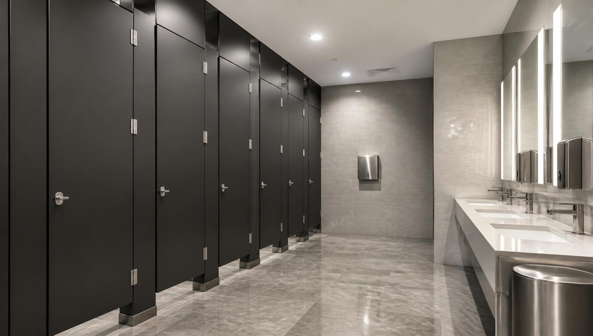 Commercial restroom with newly installed floor-to-ceiling toilet partitions