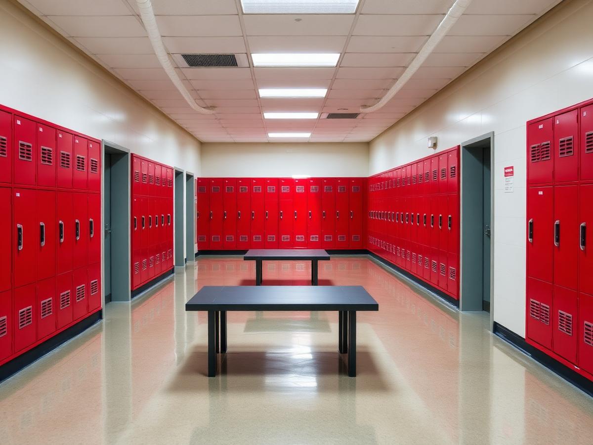 Red metal lockers installed along a school corridor