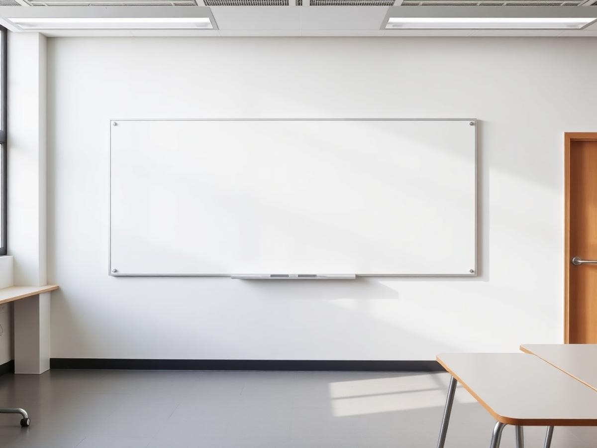 Porcelain marker board mounted on a classroom wall