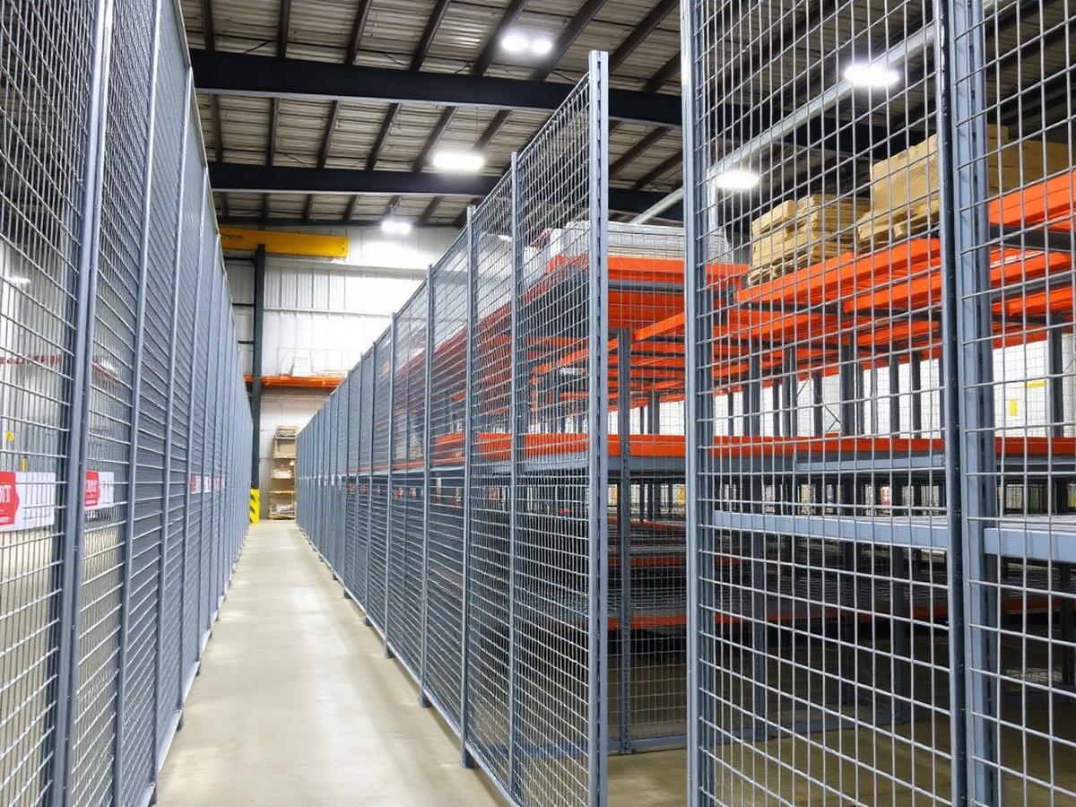 Steel wire mesh security partitions inside a warehouse
